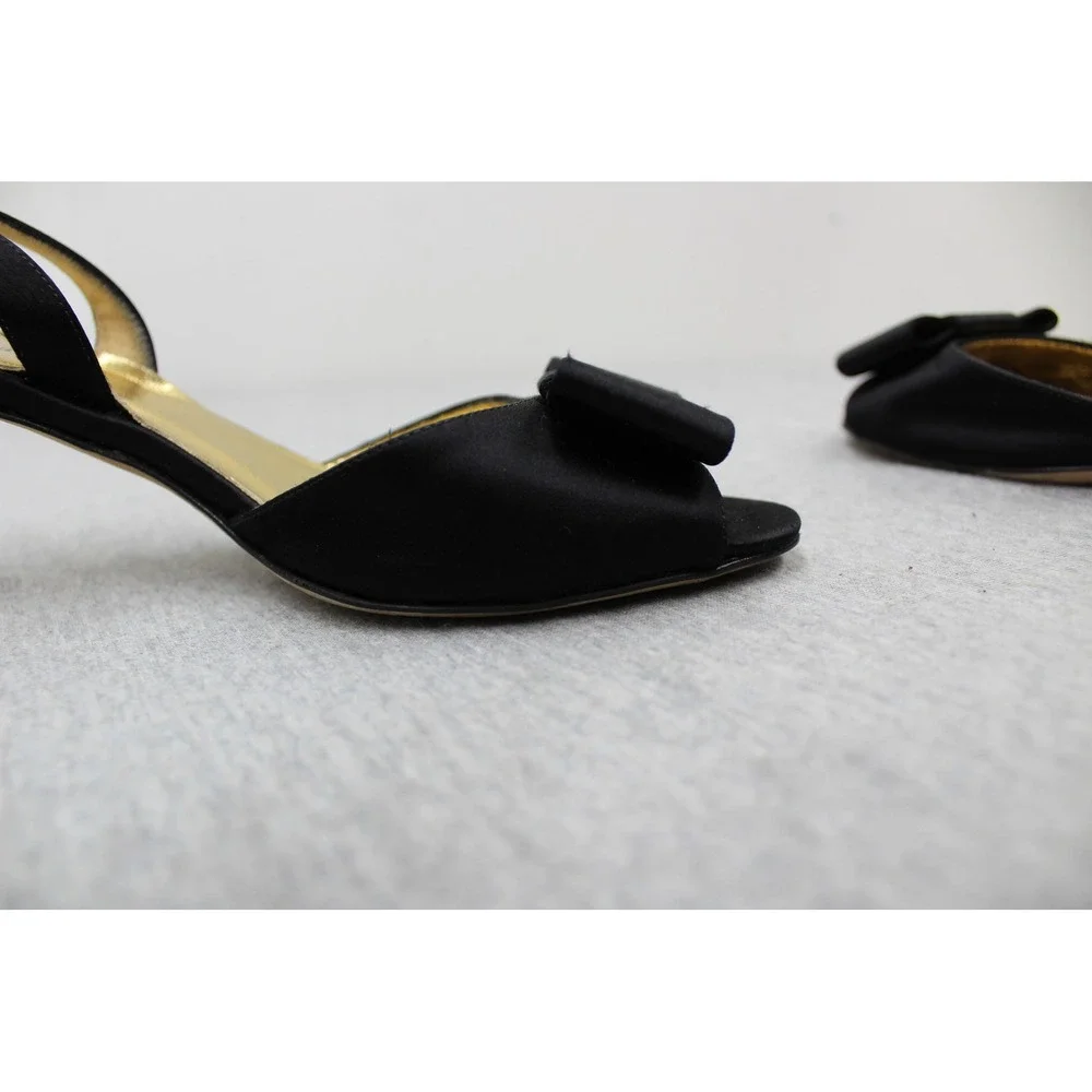 Kate Spade Heels Womens 6.5 Black Satin Peep Toe Bow Slingback Kitten Heel Italy